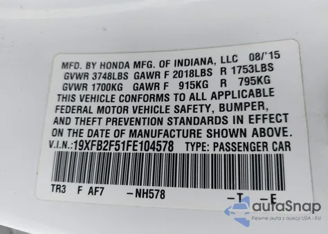 2015 Honda Civic Lx из США, поврежденный, VIN 19XFB2F51FE104578